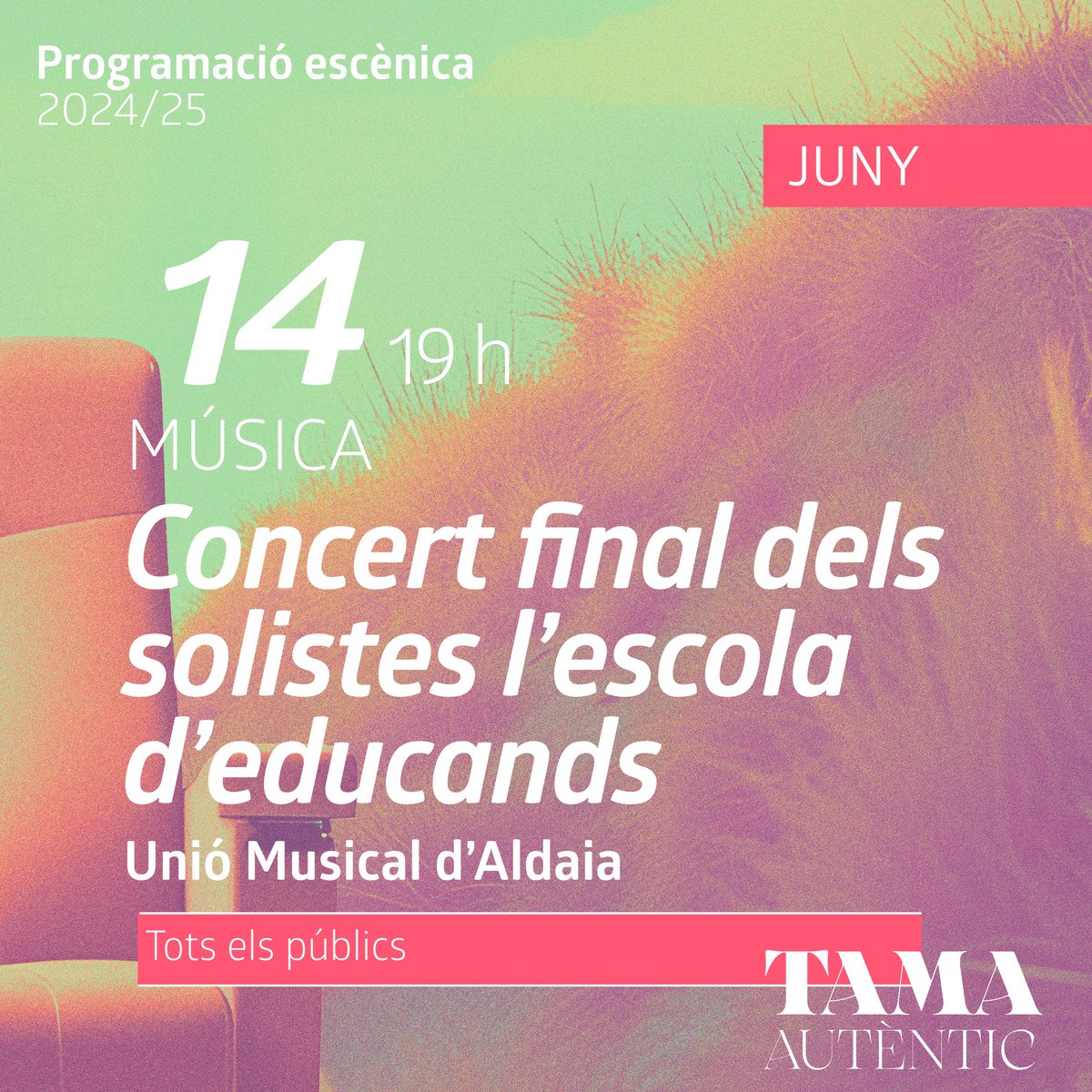 TAMA. Teatre Auditori Municipal d'Aldaia (@tamaldaia) on Twitter photo 🎻 Concert Final dels Solistes de l'Escola d'Educands de la Unió Musical d'Aldaia 🎼
📅 14 de juny | ⏰ 19 h
👏 Un espectacle ple de talent que no et pots perdre! Tothom és benvingut.
#AutènticTAMA <a href="/Ajuntaldaia/">Ajuntament d'Aldaia</a> <a href="/amicsUMA/">Unió Musical Aldaia</a> 🎻 Concert Final dels Solistes de l'Escola d'Educands de la Unió Musical d'Aldaia 🎼
📅 14 de juny | ⏰ 19 h
👏 Un espectacle ple de talent que no et pots perdre! Tothom és benvingut.
#AutènticTAMA <a href="/Ajuntaldaia/">Ajuntament d'Aldaia</a> <a href="/amicsUMA/">Unió Musical Aldaia</a>