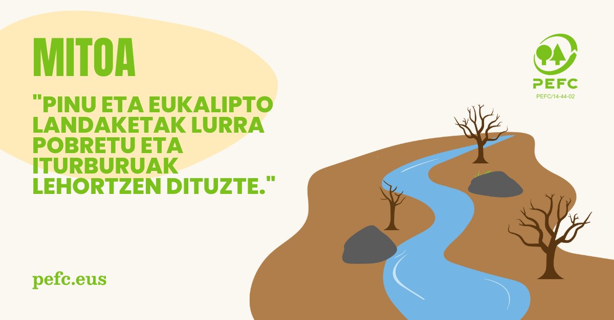 PEFCEuskadi's tweet photo. 🧐 MITOA:
"Pinu eta eukalipto landaketak lurra pobretu eta iturburuak lehortzen dituzte."

🌱 ERREALITATEA:
Eragina espezieen araberakoa baino gehiago, baso-praktiken araberakoa da.

#PEFCEuskadi #PEFC #basoziurtapena #BasoKudeaketa #Pinua #Eukaliptoa https://t.co/b1dCdFnEqa