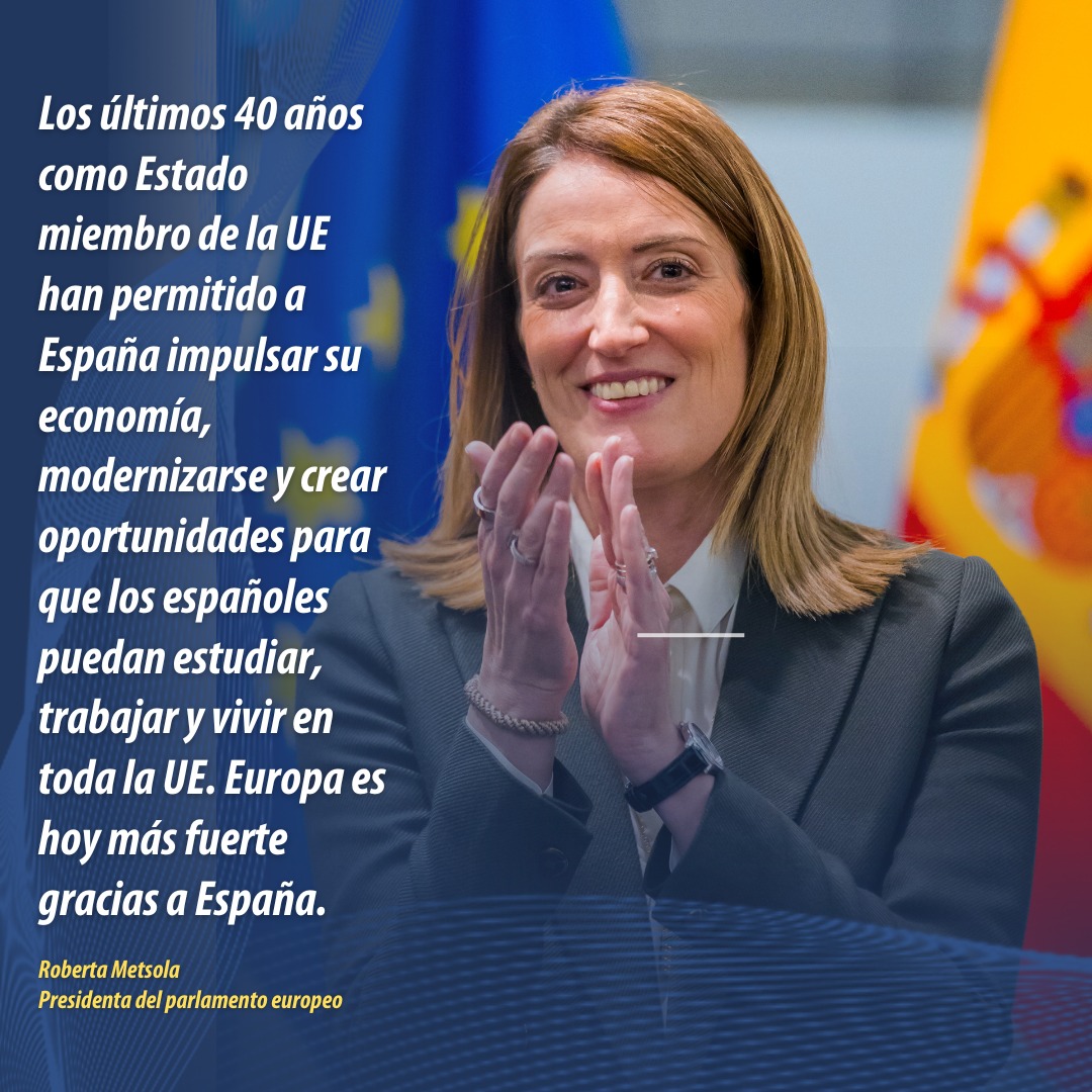 🇪🇺 🇪🇸 Hoy se cumplen 40 años de la adhesión de España a la Unión Europea.

"Europa es hoy más fuerte gracias a España", Roberta Metsola, presidenta del Parlamento Europeo @ep_president