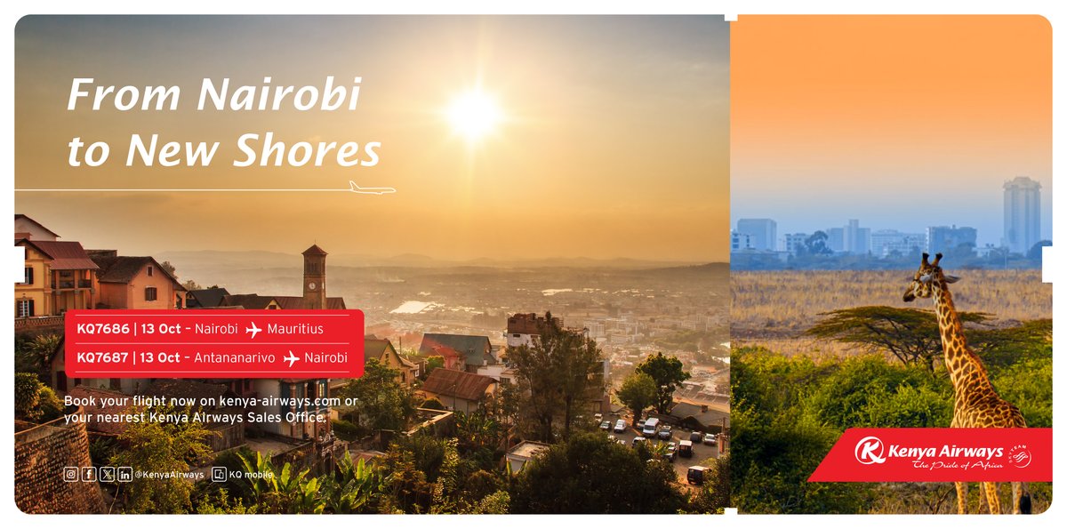 Ready to island-hop the Kenya Airways way? 
For one day only—13th October 2025, enjoy more travel options with our special additional flights:
✈️ KQ7686 from Nairobi to Mauritius
✈️ KQ7687 from Antananarivo to Nairobi

Secure your seat now👉 ow.ly/f7Xw50W88W4 | T&amp;Cs apply
