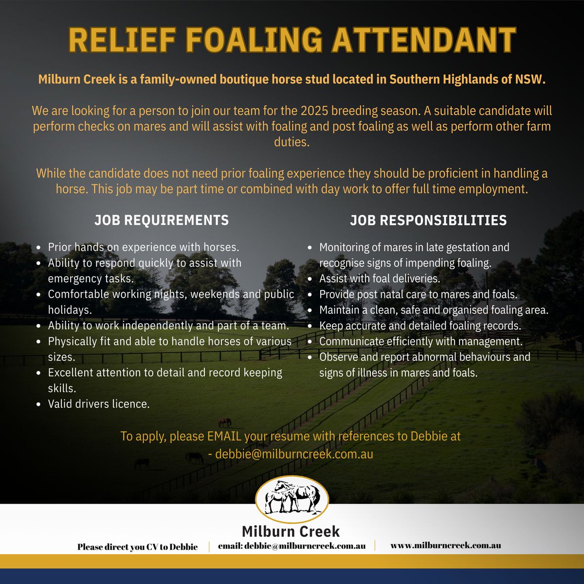 Milburn Creek Stud (@milburn_creek) on Twitter photo 🐎 We're currently looking for a Relief Foaling Attendant to join the <a href="/Milburn_Creek/">Milburn Creek Stud</a> team for the 2025 breeding season - if this sounds like you, please email your resume to Debbie - debbie@milburncreek.com.au 📧 🐎 We're currently looking for a Relief Foaling Attendant to join the <a href="/Milburn_Creek/">Milburn Creek Stud</a> team for the 2025 breeding season - if this sounds like you, please email your resume to Debbie - debbie@milburncreek.com.au 📧