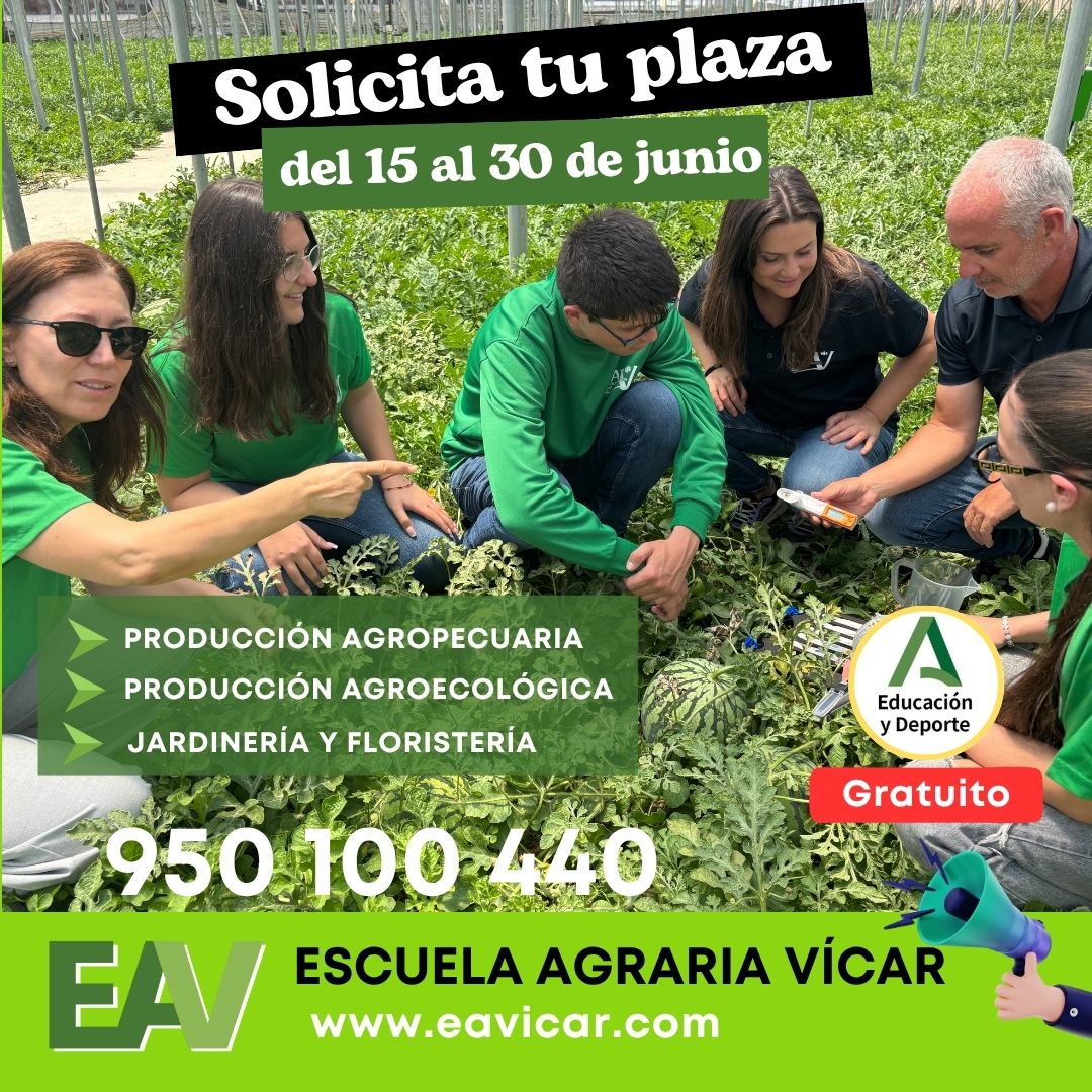 🚀 ¿Quieres trabajar como Técnico? 
SOLICITA TU PLAZA para el curso 2025/2026 en ESCUELA AGRARIA VICAR. Del 15 al 30 de junio. Concertado – GRATUITO.
F.P. Grado Medio TÉCNICO EN: 
✅PRODUCCIÓN AGROPECUARIA.
✅ PRODUCCIÓN AGROECOLÓGICA.
✅ TÉCNICO EN JARDINERÍA Y FLORISTERÍA.
#eav
