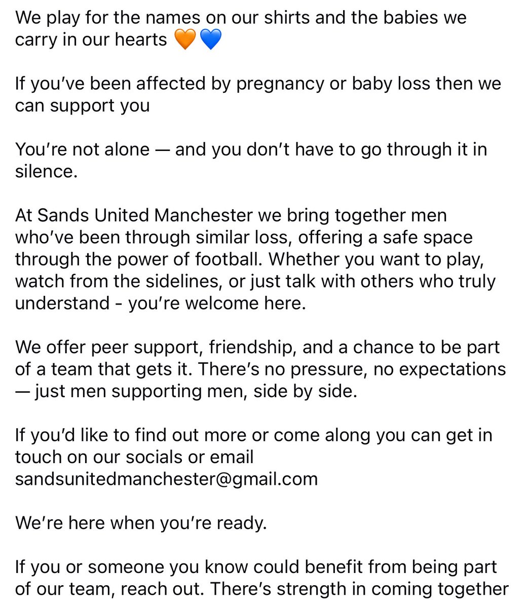 Sands United Manchester FC (@sandsunitedmcr) on Twitter photo Have you been affected by baby or pregnancy loss, then we can support you!
More information in the post ππ»
You can get in touch on our socials or email sandsunitedmanchester@gmail.com
π§‘π Have you been affected by baby or pregnancy loss, then we can support you!
More information in the post ππ»
You can get in touch on our socials or email sandsunitedmanchester@gmail.com
π§‘π