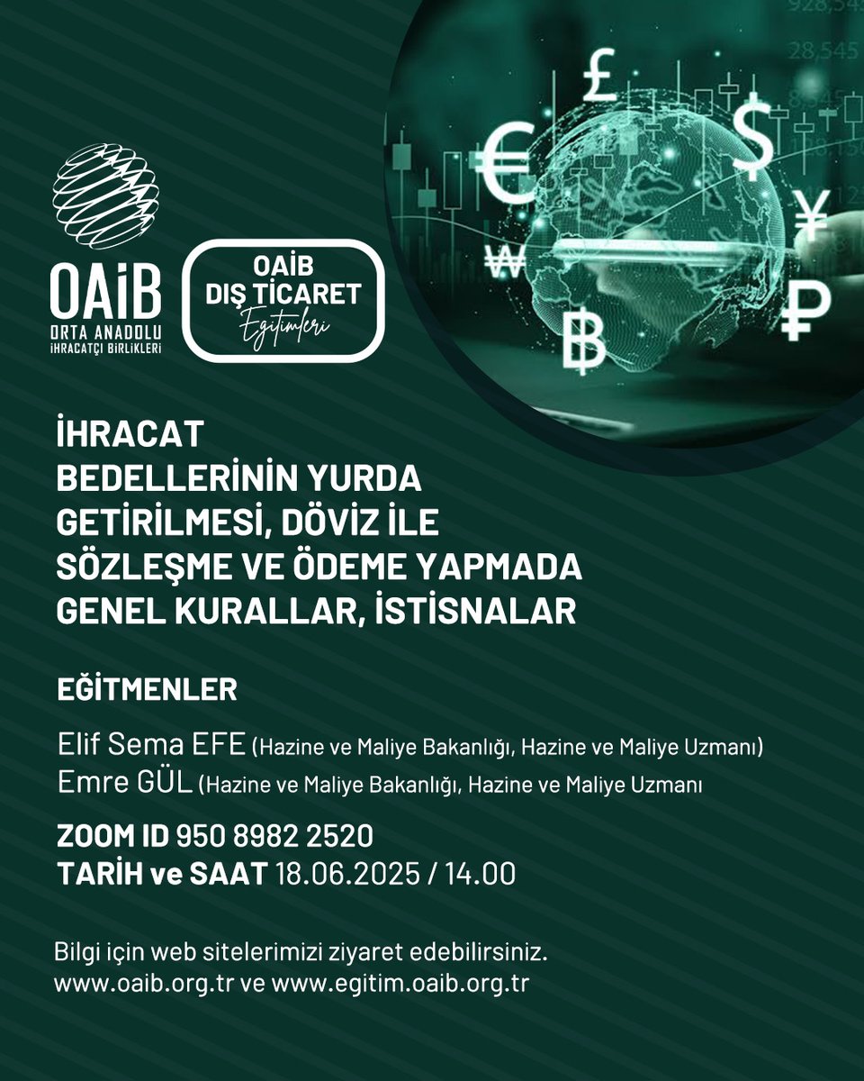 İhracat Bedellerinin Yurda Getirilmesi, Döviz ile Sözleşme ve Ödeme Yapmada Genel Kurallar, İstisnalar, 18 Haziran Çarşamba günü saat 14.00’te Elif Sema Efe, Emre Gül anlatımlarıyla gerçekleşecektir.
Eğitimimize katılmak için profildeki bağlantıya tıklayınız.