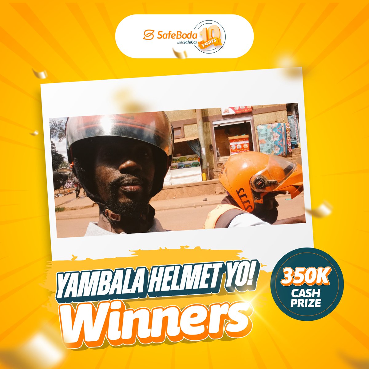 SafeBoda's tweet photo. 8 days in, 8 big wins!
Shoutout to today’s safety champs: Micheal Ndugga @mndugga &amp; Ronald Kalyango SB 2112!
They wore their helmets, posted that selfie, and cashed in!
Could tomorrow be your turn?
#YambalaHelmetYo #SafeBodaAt10 https://t.co/qtkArxvdhG