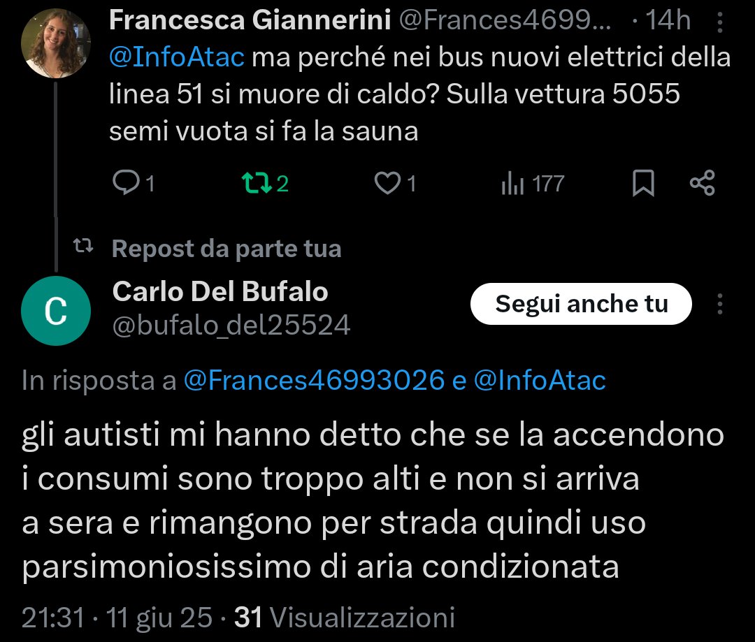 Ugo Quinzi (@quinziugo) on Twitter photo Questa informazione è coerente con quanto sa anche <a href="/TUTraP_APS/">TUTraP-APS</a>: l'aria condizionata non viene accesa perché aumenta i consumi.
cc <a href="/MercurioPsi/">Mercurio Viaggiatore</a>
x.com/bufalo_del2552… Questa informazione è coerente con quanto sa anche <a href="/TUTraP_APS/">TUTraP-APS</a>: l'aria condizionata non viene accesa perché aumenta i consumi.
cc <a href="/MercurioPsi/">Mercurio Viaggiatore</a>
x.com/bufalo_del2552…