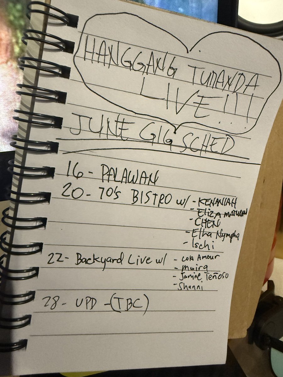 Di ako marunong gumawa ng gig sched poster! Pero ito! See you on these dates!!! Hanggang Tumanda!!! ❤️‍🔥

16 - PIO Palawan
20 - 70’s Bistro (poster to follow) 😂
22 - Backyard Live
28 - UP Diliman (Tentative) 

Thank you! Stream and share ‘Hanggang Tumanda’! Hehe ✌🏽