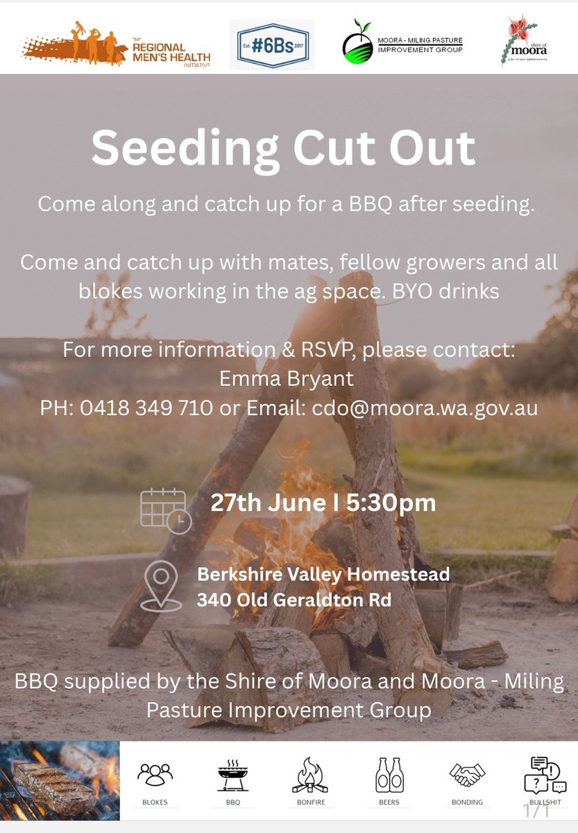 Shire of Moora along with MMPIG are using seeding winding up as a good excuse for a #6Bs 
Great location for it

All details below or 6bs.com.au/activities/see…

<a href="/FarmerTonyWhite/">Tony White</a>
