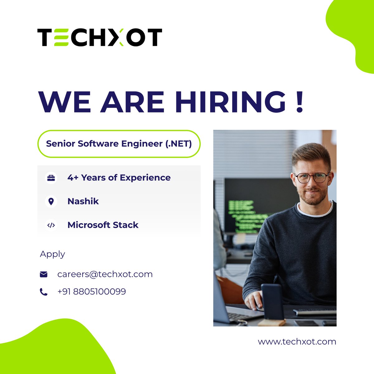 We’re Hiring: Senior Software Engineer (.NET)

Location: #Nashik | Experience: 4+ Years
Tech Stack: Microsoft (.NET, C#, SQL Server, etc.)

Apply- careers@techxot.com
Contact: +91 8805100099
Visit: techxot.com

#Techxot #Hiring #DotNetDeveloper
#SoftwareEngineer