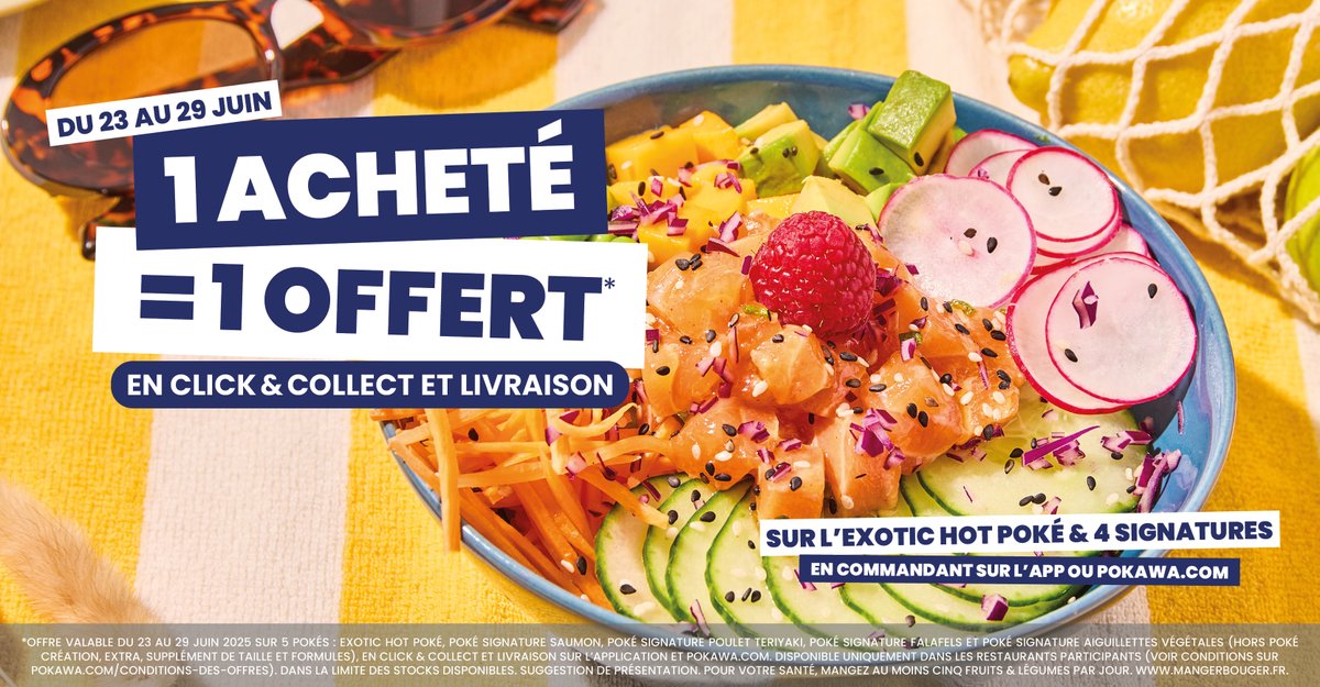 1 ACHETÉ = 1 OFFERT 🤩
Tu ne rêves pas… C’est le moment de te faire plaisir sans culpabiliser 😍
Choisis parmi nos 4 Pokés Signatures ou laisse-toi tenter par l’Exotic Hot Poké 🌶️🔥
Double dose de saveurs, double dose de bonheur !
Que tu partages ou pas, c’est LE bon plan de la