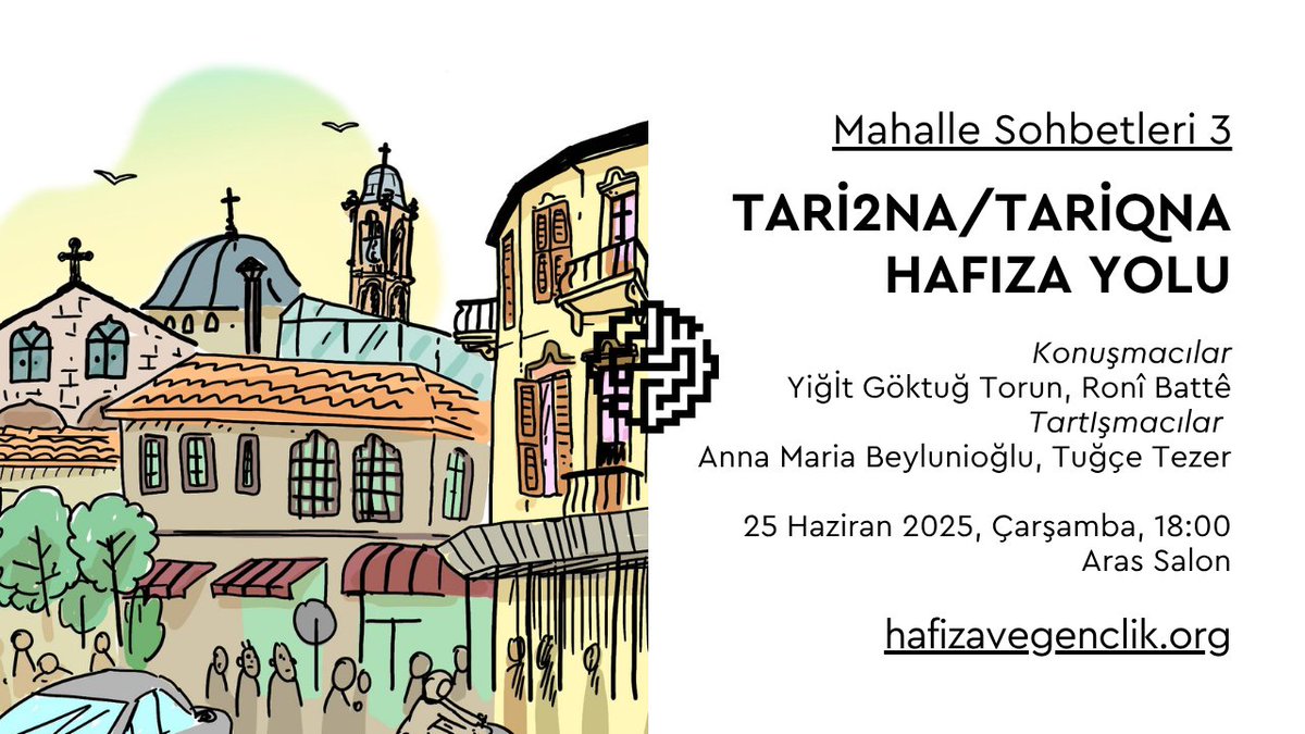 📢 Mahalle Sohbetlerine Yiğit Göktuğ Torun ve Ronî Battê’nin “Tari2na/Tariqna Hafıza Yolu” projesiyle devam ediyoruz.

Proje, Antakya’nın yıkıma uğrayan dokusu ve kültürel kimliğini hafıza rotaları, sesli anlatılar ve görsel sanatlar yoluyla görünür kılmayı amaçlıyor. 

📍