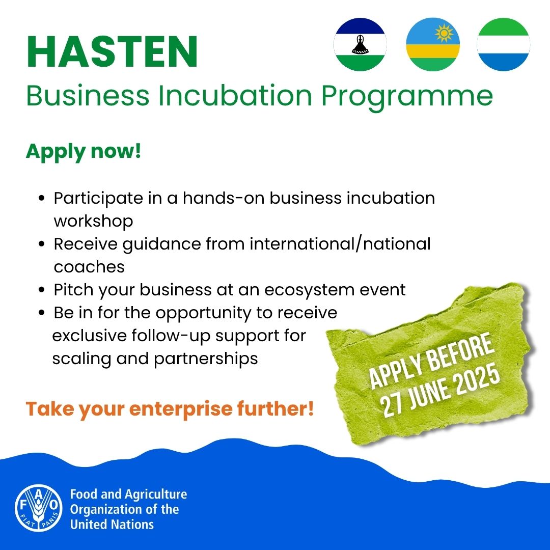 🚨Are you a Mosotho agrifood entrepreneur aged 18-35 running a 1–3-year-old enterprise focused on sustainable agrifood systems? The HASTEN Business Incubation Programme could be just the right opportunity for you. Find out more and apply➡️bit.ly/3ZUPi2v