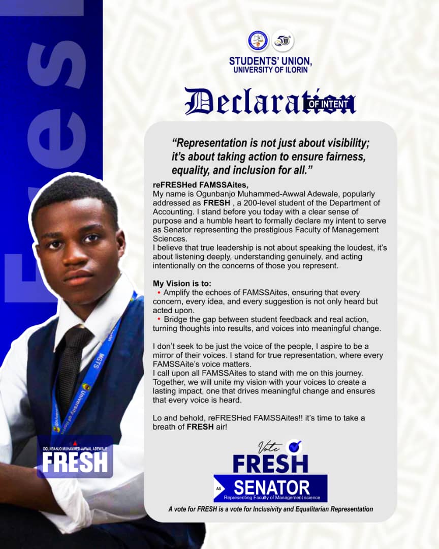 de_realFRESH's tweet photo. With the Aim of Uniting his Vision with the Voices of FAMSSaites, FRESH declares!
Lo and behold FAMSSaites, it's time to take a Breath of FRESH air
✅OTE FRESH AS SENATOR REPRESENTING FACULTY OF MANAGEMENT SCIENCE 

#FRESH4️⃣SENATE
#BREATHOFFRESHAIR https://t.co/Ezlia51vqd