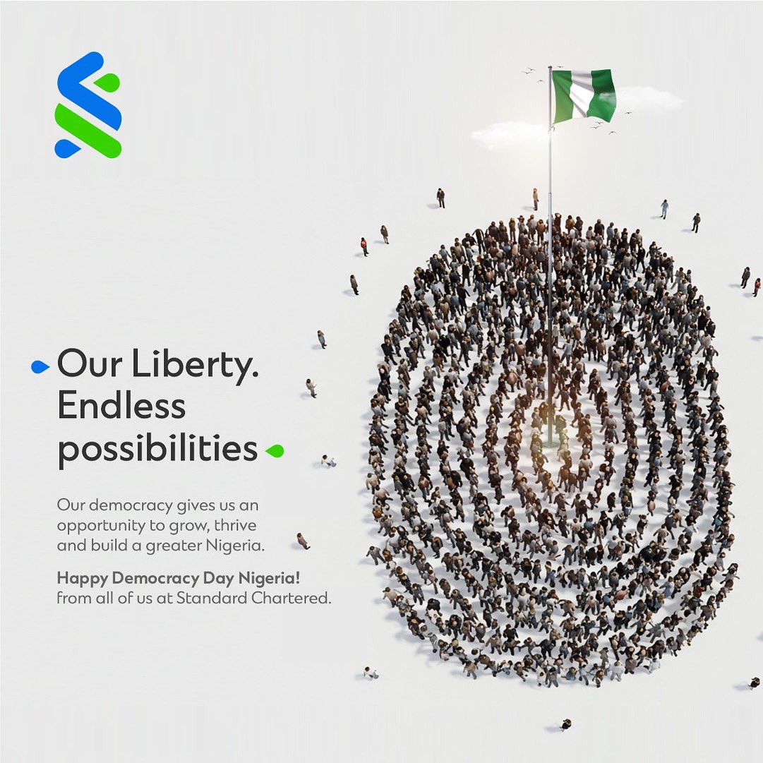 StanChartNG's tweet image. Today we embrace our liberty, and work towards a Nigeria that thrives in peace and prosperity for all. 

Happy Democracy Day.

#HappyDemocracyDay #Nigeria #StanchartNG
