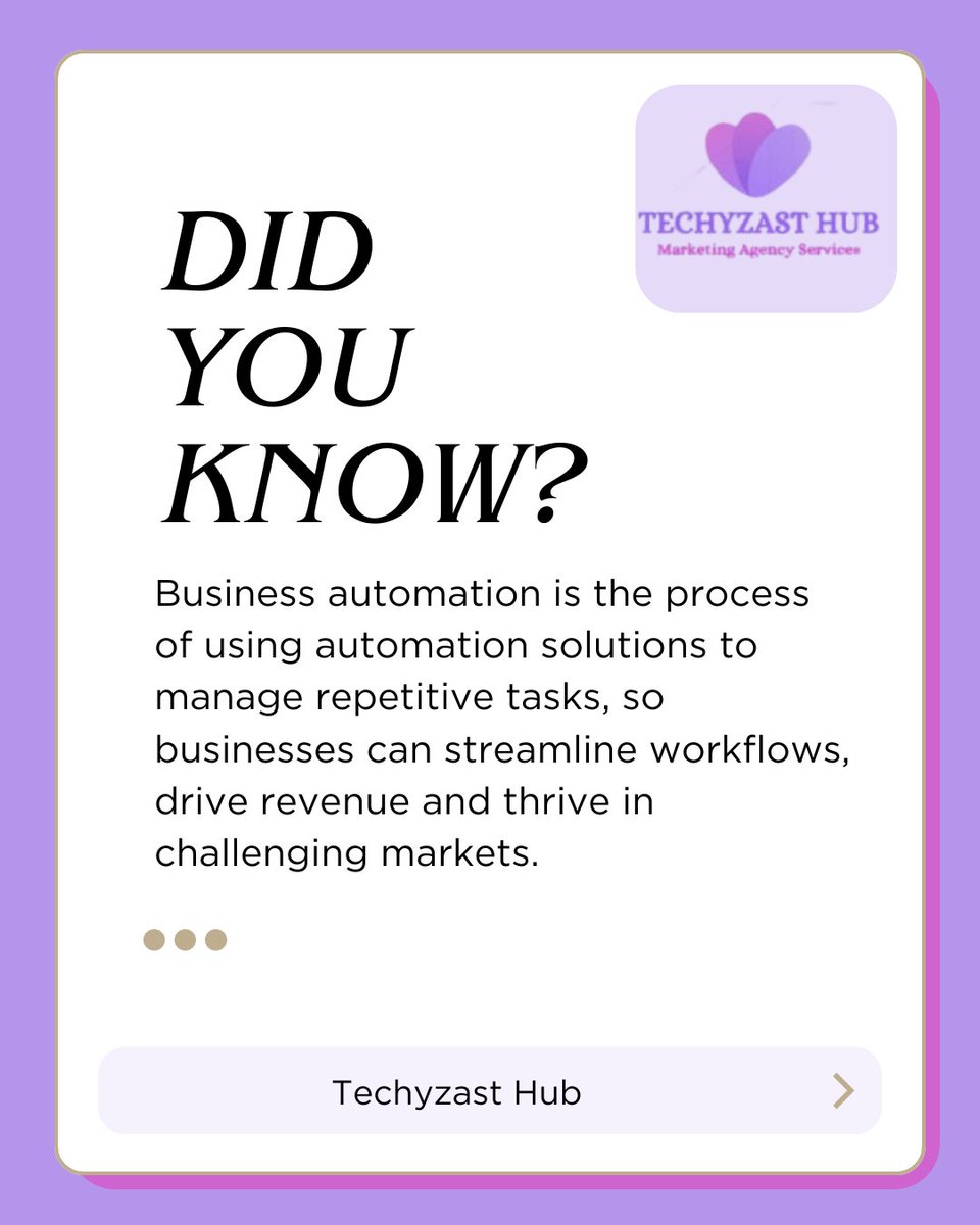 techyzasthub's tweet image. Discover how business automation can transform your workflow. At Techyzast Hub, we help you streamline repetitive tasks, allowing your business to thrive even in challenging markets.
#BusinessAutomation #techyzasthub #automation #BusinessExpansion #Growth