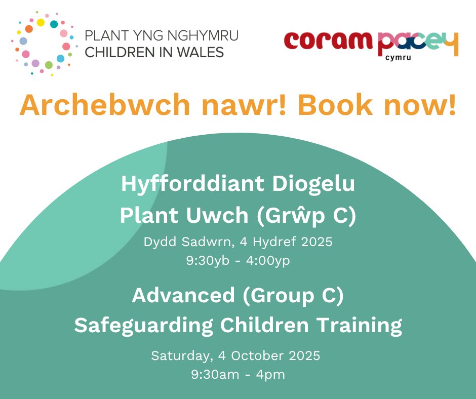 CoramPACEYCymru's tweet photo. 💻Group C Safeguarding training 
🗓️Saturday 4 October, 9:30am-4pm 
  Find out more and book your place below.
 
💻Hyfforddiant Diogelu Grŵp C
🗓️Dydd Sadwrn 4 Hydref, 9:30yb-4yp 
 Darganfod mwy ac archebwch eich lle isod.

https://t.co/LHJkDAaEbN https://t.co/EtKLZUUtAe