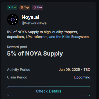 You are still early to <a href="/NetworkNoya/">NOYA.ai</a>.

AI-Agent are the current buzz in web3

Getting started is as easy as ABC.

Deposit and Vault your assets. ($10 min)

Then proceed to <a href="/KaitoAI/">Kaito AI 🌊</a>  to start yapping about <a href="/NetworkNoya/">NOYA.ai</a>.

5% of total supply up for grabs!

gNoya