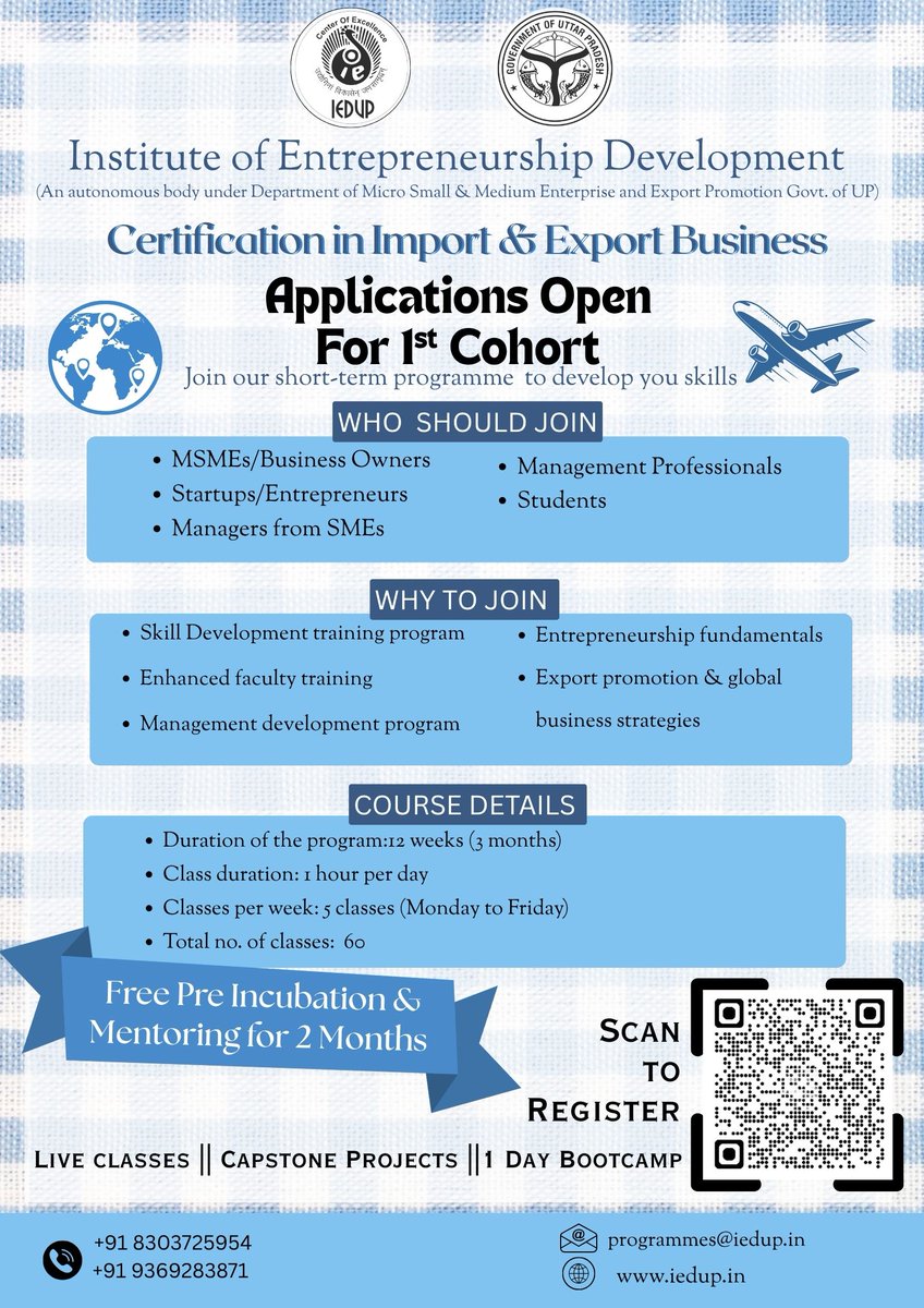 ContactIedup's tweet photo. We are launching certification programmes by IEDUP Lucknow:
1. Certification in Import &amp; Export Business
2. Certification in Entrepreneurship with Integration of AI &amp; ML and Cyber Security @cm_yuva @startup_nexus 

👉 Apply Now: https://t.co/FELlej9nhZ https://t.co/rW8EmKiOKd
