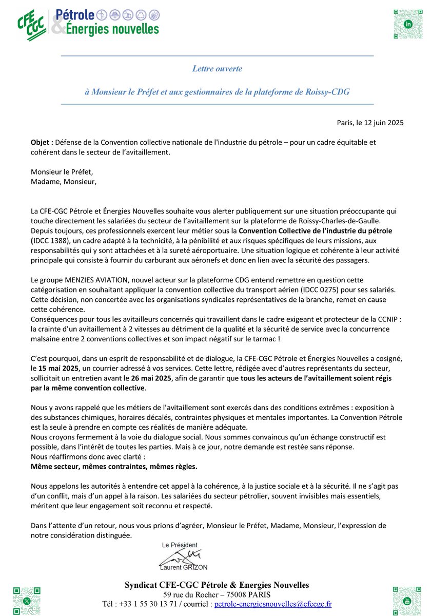 🚨 Sécurité aéroportuaire en danger : deux poids, deux mesures sur le tarmac ?

La <a href="/cfecgc_PEN/">CFE-CGC Pétrole & Energies Nouvelles</a>  nouvelles tire la sonnette d’alarme dans une lettre ouverte adressée au Préfet Stephane Daguin et à Philippe Pascal :

👉 Sur la plateforme de #RoissyCDG, des salariés de