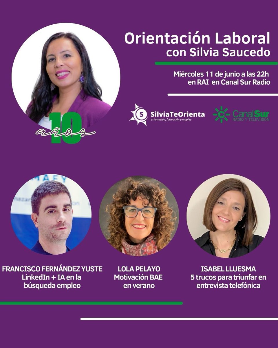 Orientación Laboral en Radio Andalucía Información (@orientacion_csr) on Twitter photo Podcast de #OrientaciónLaboral #SilviaTeOrienta
🟣 <a href="/SaucedoSilv/">Silvia Saucedo</a> y Francisco Fernández Yuste #LinkedIn #IA y #empleo
🟣 Lola Pelayo #GenteInteligente Motivación en la búsqueda de empleo
🟣 <a href="/illuesma/">Isabel Lluesma</a> 5 #trucosbúsquedaempleo en la entrevista telefónica
canalsur.es/radio/programa… Podcast de #OrientaciónLaboral #SilviaTeOrienta
🟣 <a href="/SaucedoSilv/">Silvia Saucedo</a> y Francisco Fernández Yuste #LinkedIn #IA y #empleo
🟣 Lola Pelayo #GenteInteligente Motivación en la búsqueda de empleo
🟣 <a href="/illuesma/">Isabel Lluesma</a> 5 #trucosbúsquedaempleo en la entrevista telefónica
canalsur.es/radio/programa…