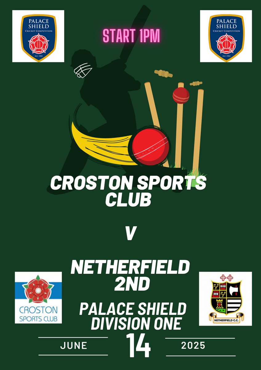Cricket 🏏 

Friday 
Croston Sports Club U13s v Walton le Dale U13s 6pm

Saturday 
Croston Sports Club v Netherfield 2nds 1pm
Gregson Lane 2nd v Croston Sports Club 2nds 1pm

Bar open and food available. Why not join us on The Terrace.
