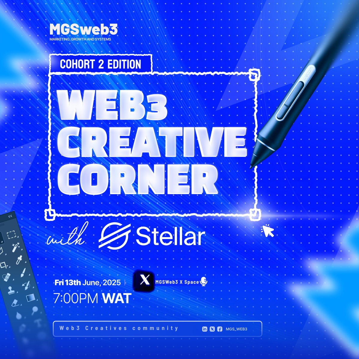 🎙️WEB3 CREATIVE CORNER

We are kicking off MGSWeb3 Cohort 2 this Friday, June 13 at 7PM WAT with an X Space featuring <a href="/StellarOrg/">Stellar</a>  via <a href="/Stellar_WA/">Stellar Africa</a>

Let’s talk creativity, blockchain, &amp; community.
This one is for the creative builders.💡

SET A REMINDER: x.com/i/spaces/1Yqxo…