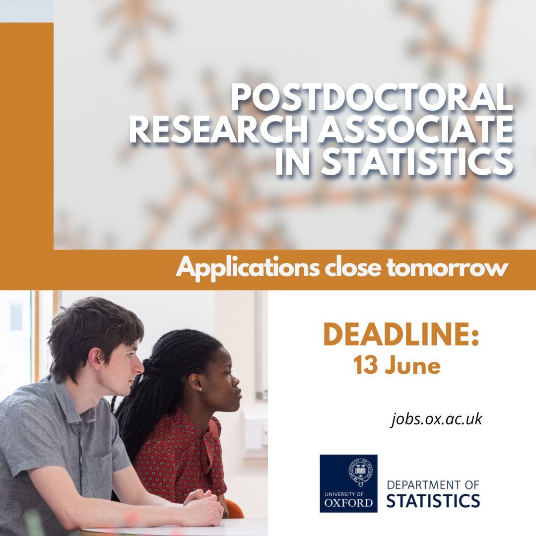 OxfordStats's tweet image. ⏰ Vacancy deadline alert!
Applications for our full-time Postdoctoral Research Associate in Statistics (fixed-term for ten months) close tomorrow at noon.
➡️ Find out more about the role and how to apply: tinyurl.com/mhbhwfcb
