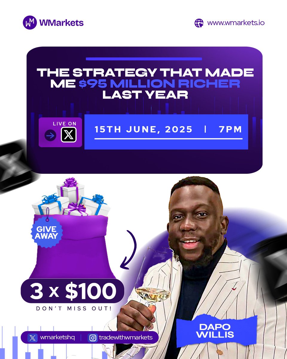 WMarkets (@wmarketshq) on Twitter photo Join <a href="/IamDapo/">Dapo Willis</a> live on X as he reveals the exact trading strategy that made him $95million dollars richer last year๐
Date-15th June,2025
Time-7pm WAT
๐LIVE on X
PLUS 3 lucky winners will get $100 each as Trading bonus๐
๐๐ป x.com/i/spaces/1nAKEโฆ Join <a href="/IamDapo/">Dapo Willis</a> live on X as he reveals the exact trading strategy that made him $95million dollars richer last year๐
Date-15th June,2025
Time-7pm WAT
๐LIVE on X
PLUS 3 lucky winners will get $100 each as Trading bonus๐
๐๐ป x.com/i/spaces/1nAKEโฆ