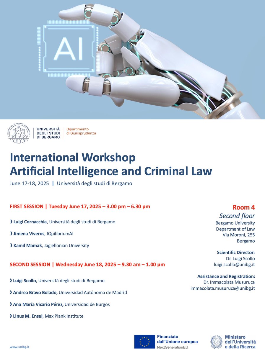 Next week I will attend the international workshop
"Artificial Intelligence and Criminal Law" at the University of Bergamo. Thanks, Luigi Scollo, for organizing it!