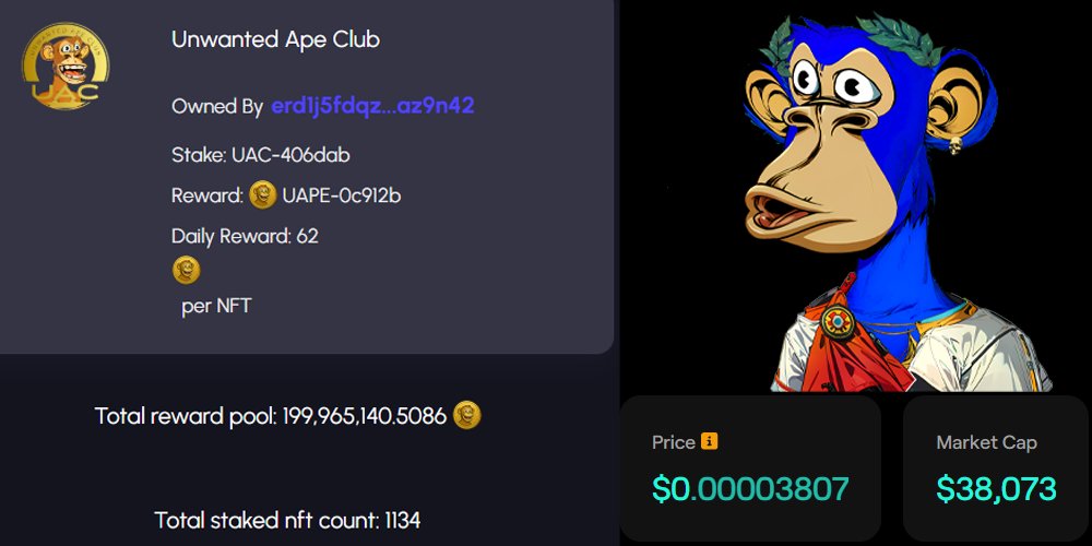 Incredible 🚀 1134 UAC NFTs staked! 

Over 70,000 $UAPE distributed daily 💸.

Thank you for your trust 🙏. 
A big thanks to <a href="/Trad3EX/">TradƎEX</a> 🙌

You too can earn 62 $UAPE per day by staking a UAC NFT 💰.

NFTs available on <a href="/XoxnoNetwork/">XOXNO Network</a>  and @Oni0nX  marketplaces 🛒.