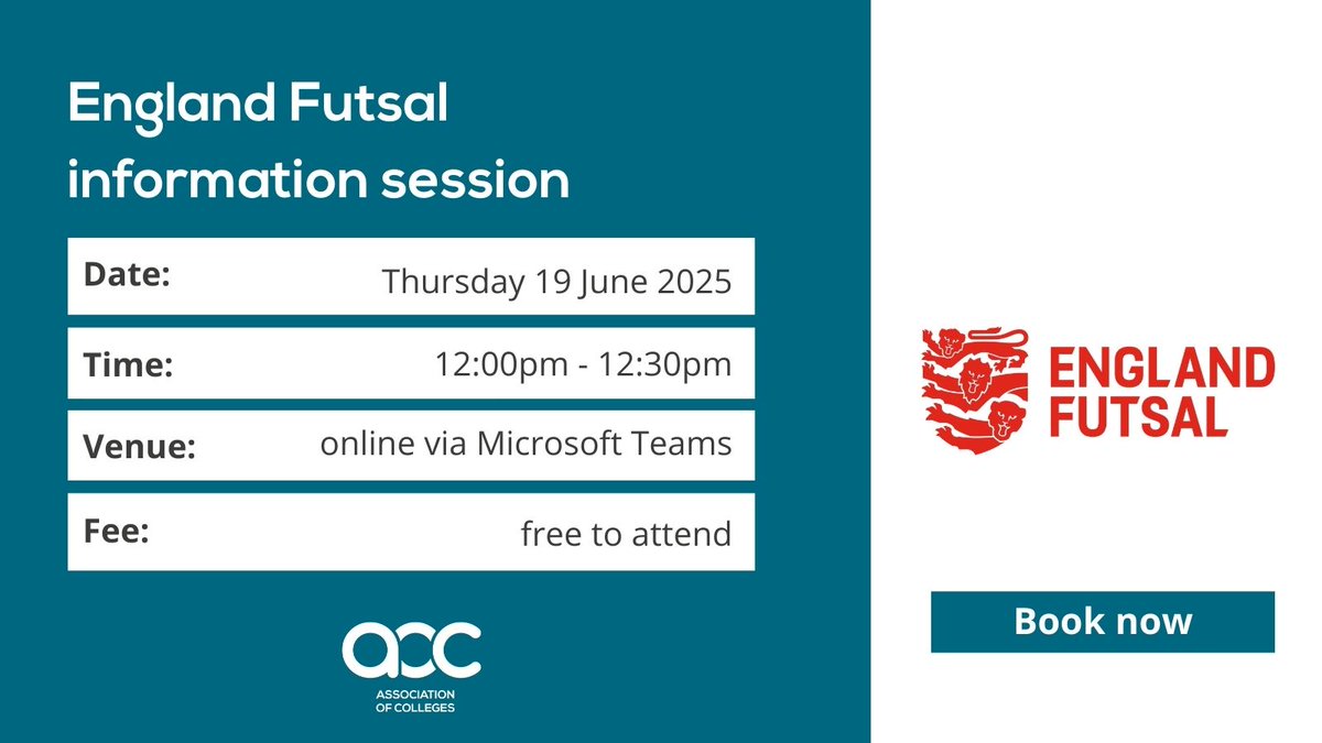 AoC Sport (@aoc_sport) on Twitter photo We are pleased to be working with <a href="/EnglandFutsal/">England Futsal</a> to highlight the opportunities for colleges to grow Futsal at their own institution, including playing opportunities, workforce development and future plans.
Join us next week for more information: events.teams.microsoft.com/event/ffca41a4… We are pleased to be working with <a href="/EnglandFutsal/">England Futsal</a> to highlight the opportunities for colleges to grow Futsal at their own institution, including playing opportunities, workforce development and future plans.
Join us next week for more information: events.teams.microsoft.com/event/ffca41a4…