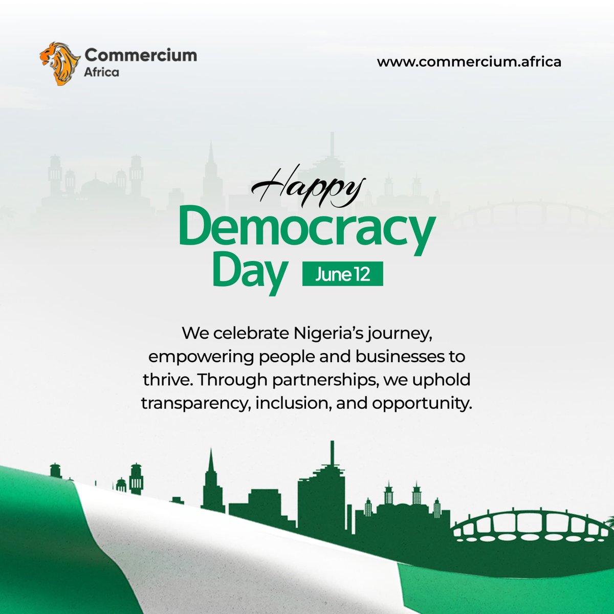 Today, we celebrate Nigeria’s progress, a journey defined by resilience, voice, and shared vision.

At Commercium Africa, we remain committed to partnerships built on transparency, inclusion, and opportunity.

Happy Democracy Day, Nigeria.

#DemocracyDay #CommerciumAfrica