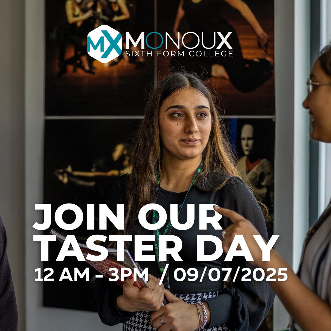 Curious about life at Monoux?
Join our Intercollege Taster Day on 9th of July at 12AM to get a real feel for how we run our T Levels, A Levels &amp; Vocational Courses.

📍Monoux Sixth Form
🎓 Be there. Taste the future. 

Sign up here: ow.ly/tcA450W7465