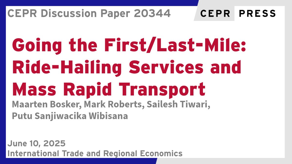 CEPR (@cepr_org) on Twitter photo New CEPR Discussion Paper - DP20344
Going the First/Last-Mile: Ride-Hailing Services and Mass Rapid Transport
Maarten Bosker <a href="/erasmusuni/">Erasmus University</a>, <a href="/mroberts10013/">Mark Roberts</a>, Sailesh Tiwari, Putu Sanjiwacika Wibisana <a href="/WorldBank/">World Bank</a>
ow.ly/EK3t50W7yEN
#CEPR_ITRE #EconTwitter New CEPR Discussion Paper - DP20344
Going the First/Last-Mile: Ride-Hailing Services and Mass Rapid Transport
Maarten Bosker <a href="/erasmusuni/">Erasmus University</a>, <a href="/mroberts10013/">Mark Roberts</a>, Sailesh Tiwari, Putu Sanjiwacika Wibisana <a href="/WorldBank/">World Bank</a>
ow.ly/EK3t50W7yEN
#CEPR_ITRE #EconTwitter