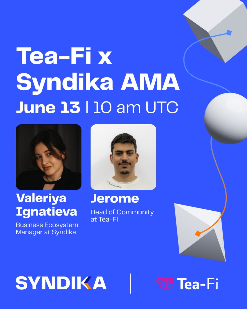 Syndika (@syndika_co) on Twitter photo Tea-Fi x Syndika AMA
What does it really take to grow a thriving Web3 ecosystem?
Join us on June 13 for a powerful AMA with <a href="/TeaFi_Official/">Tea-Fi - Beta is LIVE</a>, where we’ll unpack lessons learned about community activation and growing in #Web3.
Topic: Building Community-Led Web3 Growth: Lessons Tea-Fi x Syndika AMA
What does it really take to grow a thriving Web3 ecosystem?
Join us on June 13 for a powerful AMA with <a href="/TeaFi_Official/">Tea-Fi - Beta is LIVE</a>, where we’ll unpack lessons learned about community activation and growing in #Web3.
Topic: Building Community-Led Web3 Growth: Lessons