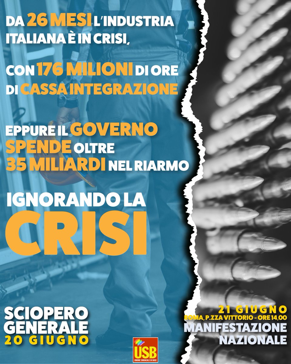 26 mesi di crisi industriale. 176 milioni di ore di cassa integrazione
Mentre la produzione industriale crolla – e con essa posti di lavoro, salari e diritti – il governo sceglie di investire oltre 35 miliardi di euro nel riarmo, seguendo l’agenda NATO 
#scioperogenerale