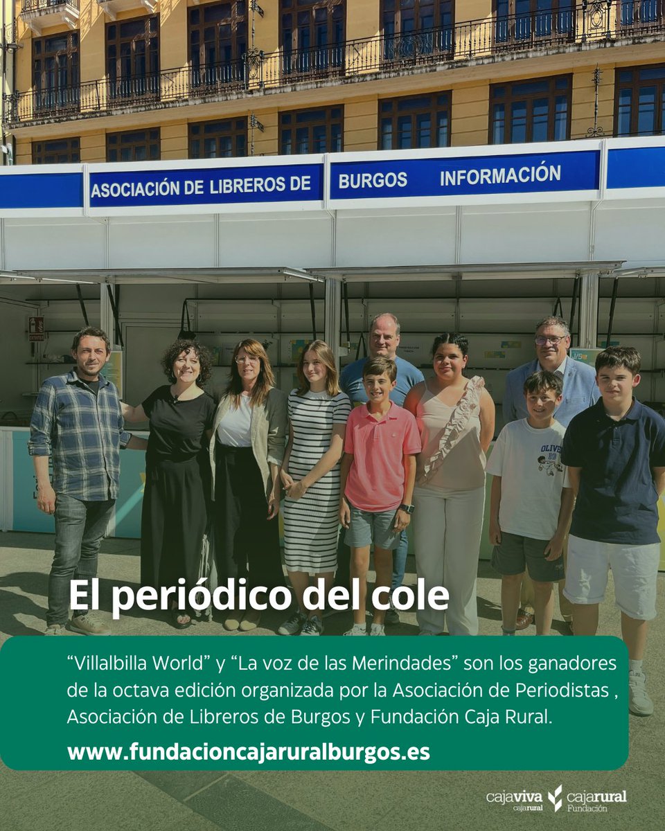 Fundación Caja Rural Burgos (@fundcajaruralbu) on Twitter photo Los jóvenes talentos de ‘Villalbilla World’ y ‘La voz de las Merindades’, ganadores de la 8ª edición de El periódico del cole 🗞️ organizado junto a <a href="/APeriodistasBUR/">A.Periodistas Burgos</a> y <a href="/LibrerosBURgos/">Libreros y libreras de Burgos</a>
🌾 Un homenaje al poder de contar historias, desde la escuela hasta las redacciones. Los jóvenes talentos de ‘Villalbilla World’ y ‘La voz de las Merindades’, ganadores de la 8ª edición de El periódico del cole 🗞️ organizado junto a <a href="/APeriodistasBUR/">A.Periodistas Burgos</a> y <a href="/LibrerosBURgos/">Libreros y libreras de Burgos</a>
🌾 Un homenaje al poder de contar historias, desde la escuela hasta las redacciones.