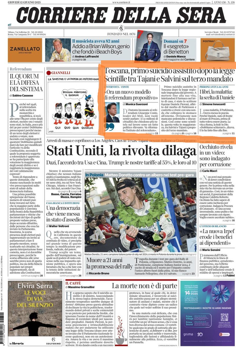 🇮🇹 Italie. Un homme âgé de 60 ans et atteint de la maladie de Parkinson a eu recours au suicide assisté en Toscane. Il s'agit du premier suicide assisté en Toscane depuis de la règlementation de février dernier, qui fait l’objet d’une contestation du gouvernement de
