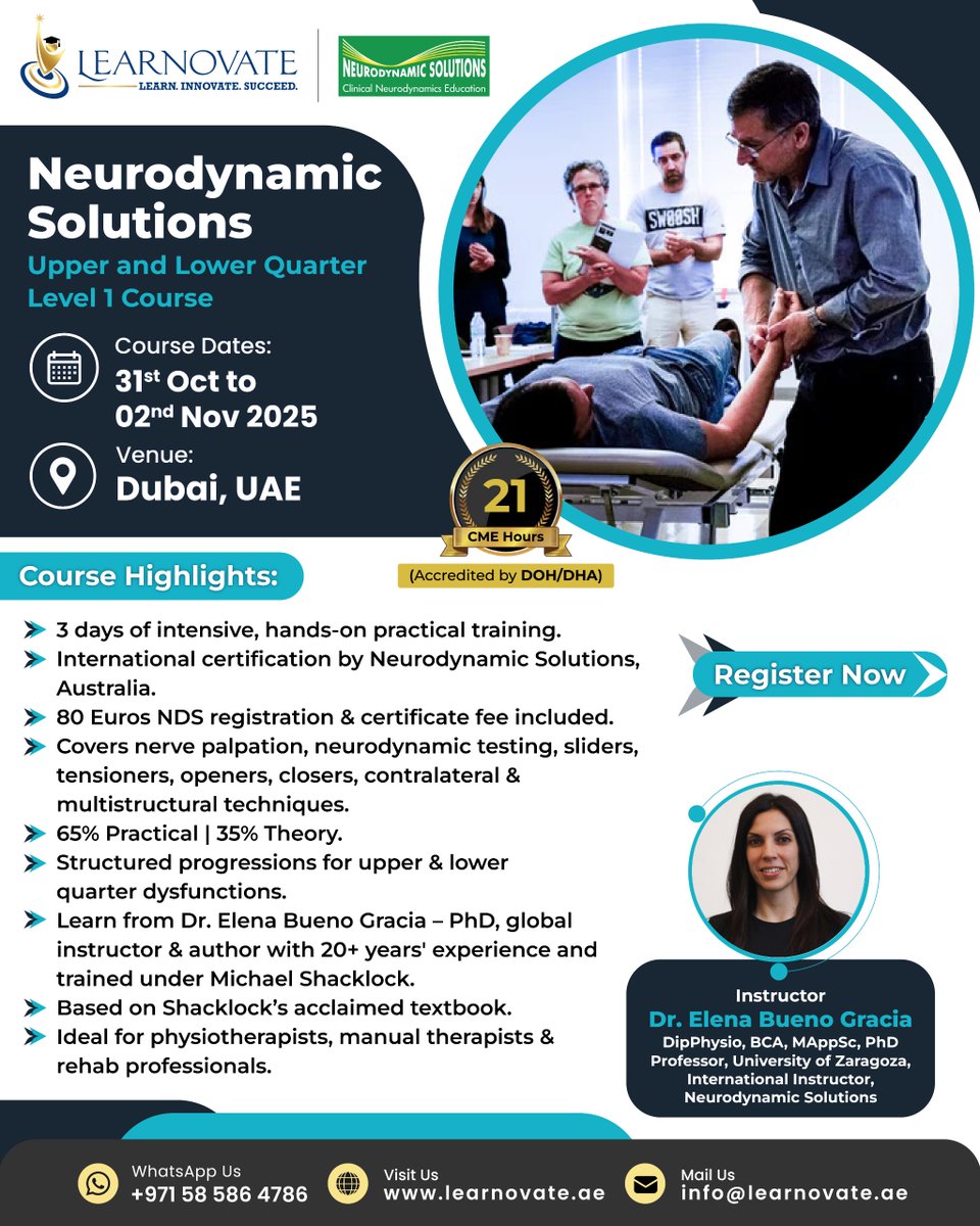 LearnovateHC's tweet image. Game-changer for my practice! Hands-on techniques by Dr. Elena took my skills to the next level. A must for every physio! 🙌

📅 31st Oct – 2nd Nov | 📍 Dubai, UAE

📲 +971 58 586 4786 | learnovate.ae

#Neurodynamics #DubaiCourses #Learnovate