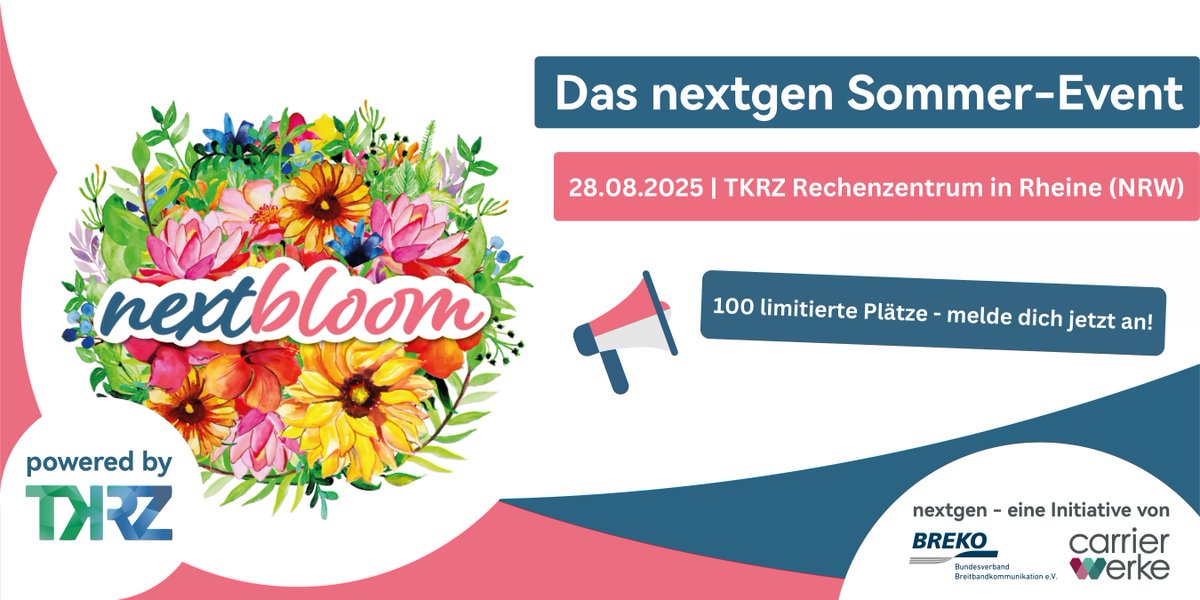 carrierwerke's tweet photo. Save the Date: nextbloom 2025 – #Vertrauen #vernetzt! 😊
📅 28.08.2025,  ab 14 Uhr
📍 TKRZ Rechenzentrum in Rheine (NRW)
Anmeldung jetzt möglich:
https://t.co/BFaMarsJuJ https://t.co/In8NMjQQcW