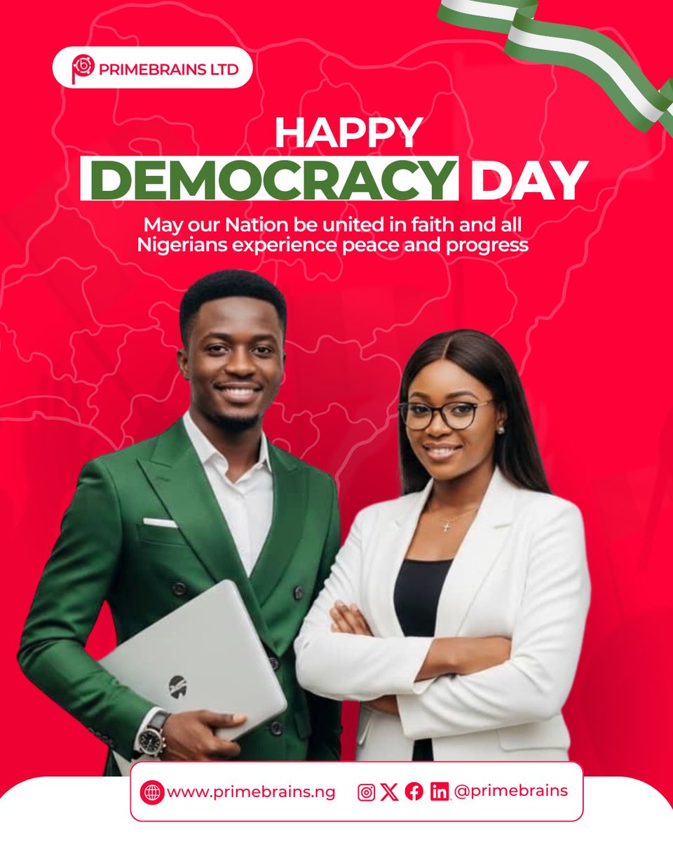 Primebrains's tweet photo. Happy Democracy Day, Nigeria! 🇳🇬 Celebrating freedom, unity &amp; progress. 

At Primebrains Ltd, we're committed to innovation &amp; nation-building through tech. Let's shape the future together! 

#DemocracyDay #PrimebrainsForNigeria #NigeriaAtHeart #TechForNationBuilding https://t.co/7FPdutcbuv