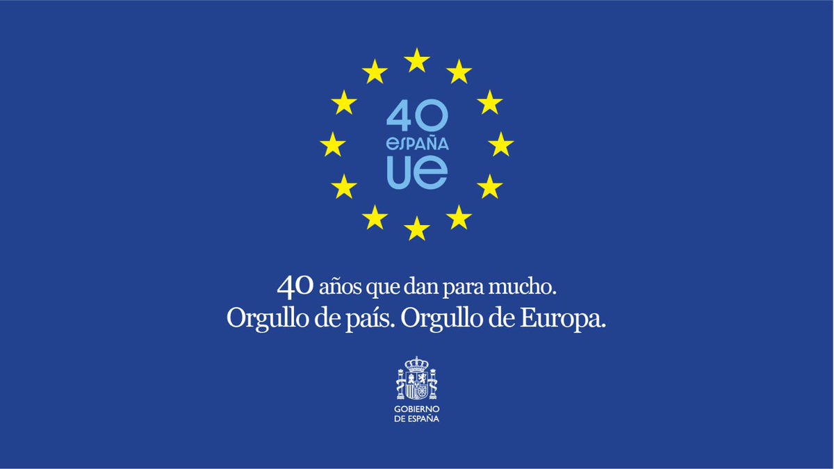 🇪🇺 En el 40 aniversario de #España en la #UniónEuropea celebramos el mayor periodo de estabilidad, progreso y modernización de nuestro país.

Cuatro décadas de un proyecto compartido de presente y de futuro sobre las sólidas raíces de nuestra historia común.

#EspañaEnEuropa