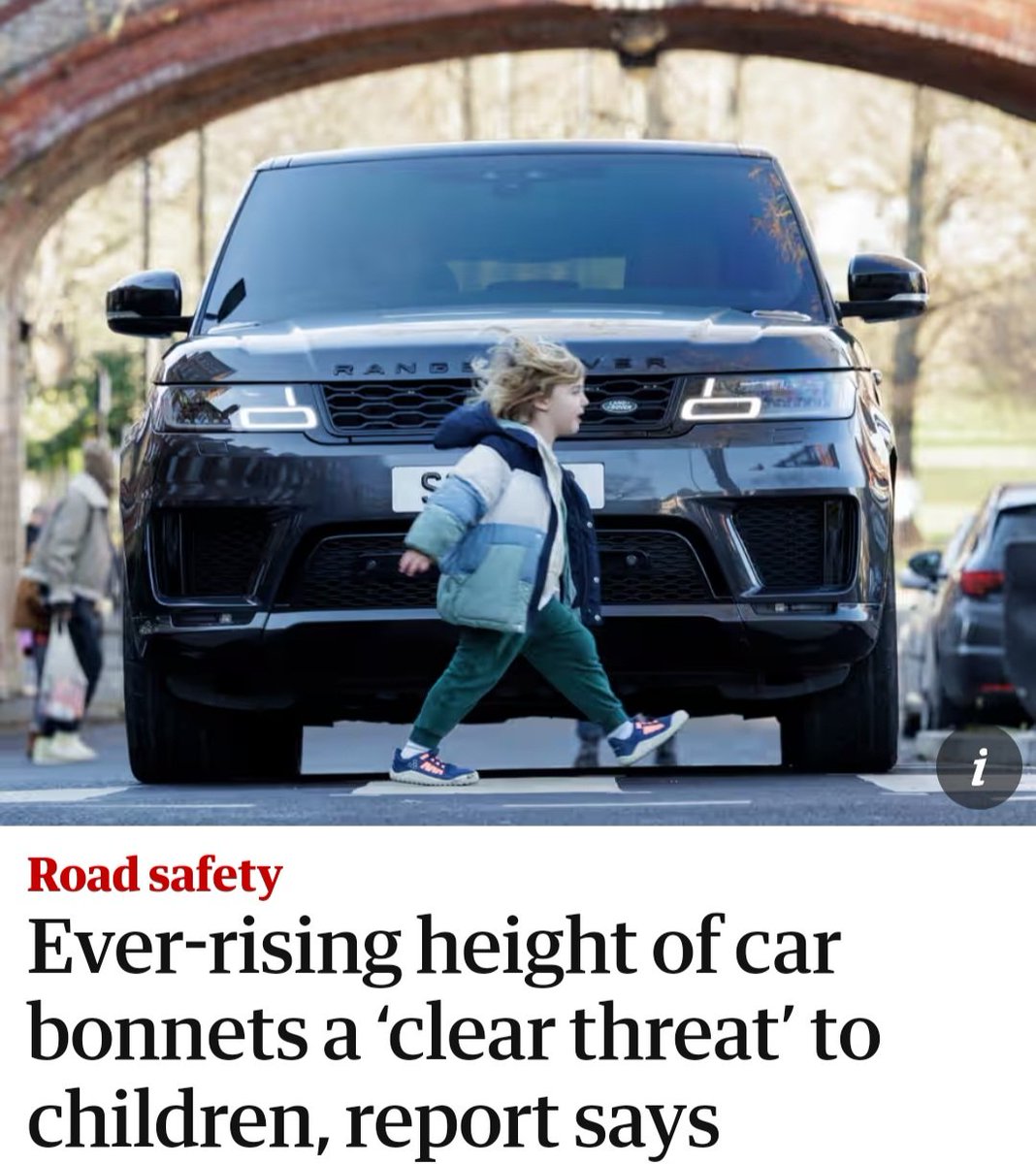 L'alçada cada cop més alta dels capòts dels cotxes és una "clara amenaça" per als infants, segons un informe

Els SUV amb el frontal alt tenen més probabilitats de matar i van en augment a Europa, amb el Regne Unit com a exemple extrem

Via The Guardian 👉theguardian.com/world/2025/jun…