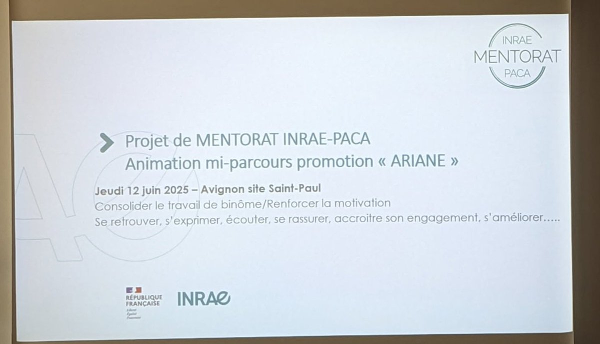 Odile Berge et Christel Leyronas ainsi que le COPIL <a href="/INRAE_PACA/">INRAE Provence-Alpes-Côte d'Azur</a> animent aujourd'hui à #Avignon la journée de bilan de mi-parcours du mentorat  de la seconde promotion intitulée Ariane! <a href="/INRAE_DPT_SPE/">INRAE Santé des Plantes et Environnement</a>