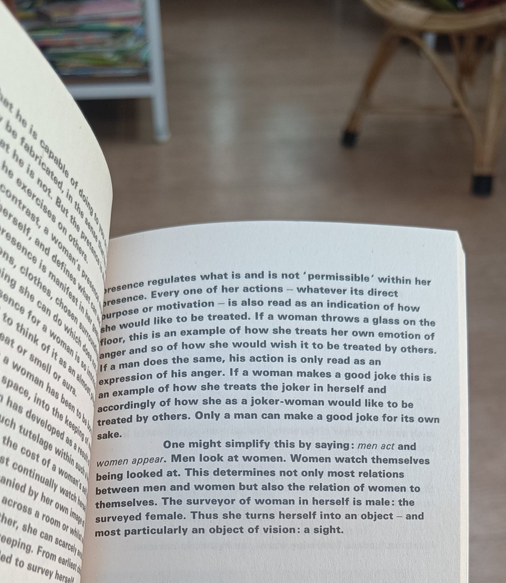 From the book Ways of Seeing by John Berger. This book basically talks about how people view paintings and art criticism. These few pages about how a woman is seen vs how she sees herself... Incredibly written.
