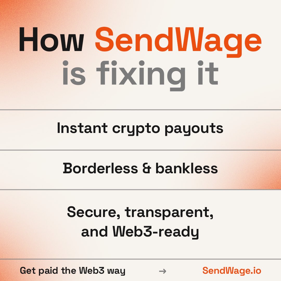 Traditional payroll ≠ remote work. ❌

Say hello to: ⚡ Instant crypto payouts 🌍 Borderless &amp; bankless 🔒 Web3-ready security
Welcome to the future of payroll. Get paid the #Web3 way → SendWage.io

#CryptoPayroll #RemoteJobs #Web3Work #SendWage