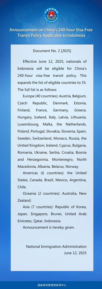 CA_Panorama's tweet photo. #China’s National #Immigration Administration announced on Thursday that starting from June 12, #Indonesian citizens will be eligible for China’s 240-hour #visa-free transit policy, bringing the total number of countries covered under this policy to 55.

Source：China News https://t.co/valUmZSeri
