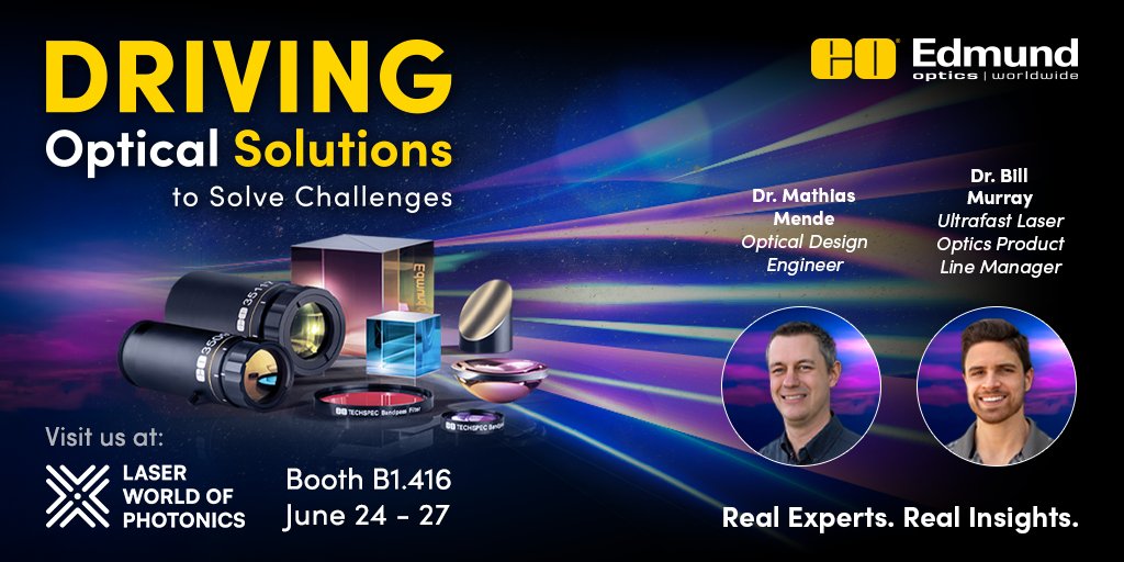 Meet Edmund Optics experts at #LASER World of Photonics, booth B1.416, to explore solutions &amp; innovations!
🎓 Dr. Mathias Mende
June 24, 14:20 CEST — Ion Beam Sputtering of Tunable Bandpass Filters
🎓 Dr. Bill Murray
June 25, 12:40 CEST — Next-Gen F-Theta Lenses
#EdmundOptics