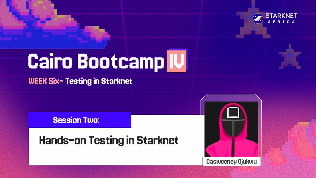 Starknet Africa 🌍 (@starknetafrica) on Twitter photo Cairo Bootcamp IV continues today with Week Six, Session Two.
We’re diving deeper into testing on Starknet, led once again by <a href="/codingcas/">Casweeney | ojukwu.eth</a>.
If you’re building serious smart contracts, this session is for you.
Class starts at 5 PM UTC. Cairo Bootcamp IV continues today with Week Six, Session Two.
We’re diving deeper into testing on Starknet, led once again by <a href="/codingcas/">Casweeney | ojukwu.eth</a>.
If you’re building serious smart contracts, this session is for you.
Class starts at 5 PM UTC.