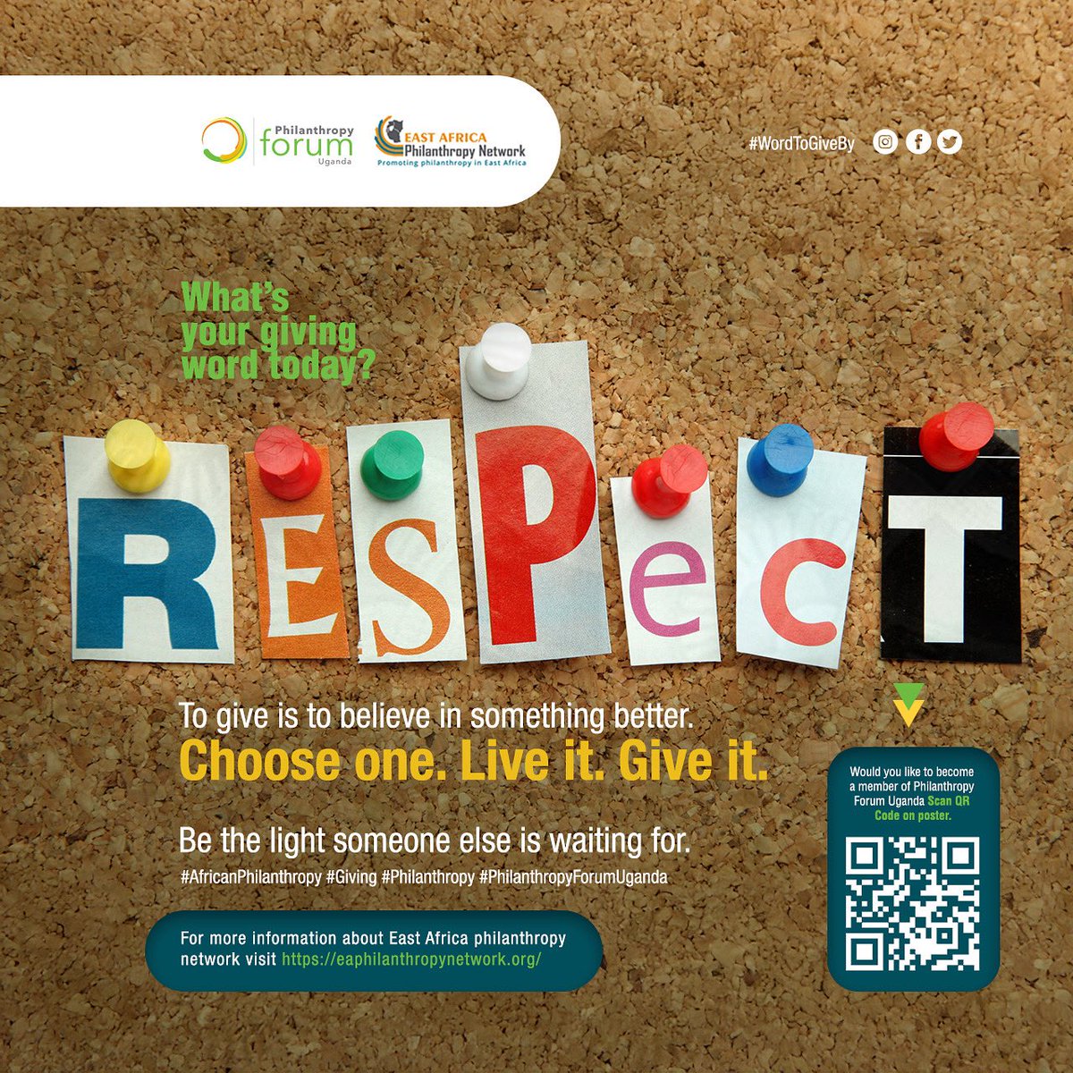 #WordToGiveBy
⁉️What’s your giving word for today?
🤝🏾Respect!
 
Every human deserves to feel seen.
Let your actions honour others.

💪🏾Choose one. Live it. Give it.
 
#AfricanPhilanthropy #Giving #Philanthropy #philanthropyforumuganda